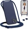 A dark blue phone case with a lanyard is shown, with a smaller image of a person wearing a similar phone case around their neck. Produktbild-Vorschau