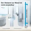 A close-up product shot of white radiator brackets with a blurred bathroom background, accompanied by a diagram and text. Produktbild-Vorschau