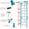 A blue metal climbing frame with various attachments, including ropes and ladders, shown with descriptive text callouts highlighting its features. Produktbild-Vorschau