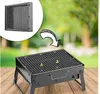 A portable charcoal grill is shown in use outdoors, with an inset image of the grill in its folded state. Produktbild-Vorschau
