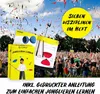 A crowd of people are juggling in a park with a blue sky and confetti in the air. There are books about juggling in the foreground. Produktbild-Vorschau