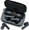 A pair of black wireless earbuds and their charging case are displayed on a white background. Produktbild-Vorschau