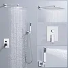 A collage of images showing a chrome shower system with a rainfall showerhead and a handheld showerhead. Produktbild-Vorschau