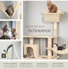 A collage of images showcasing a cat tree with different features and cats interacting with it, along with text describing its benefits. Náhled obrázku produktu