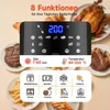 A collage of food items and an air fryer control panel, showcasing its functions. Produktbild-Vorschau