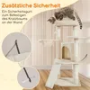 A cat tree with a cat on top, and close-up images of a wall mounting strap. Podgląd zdjęcia produktu
