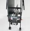 A close-up view of a Sponeta table tennis table, folded and standing on its wheels. Produktbild-Vorschau