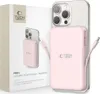 A pink power bank magnetically attached to the back of a silver smartphone, with its packaging box visible in the background. Podgląd zdjęcia produktu