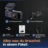 A flat lay of dashcam components and accessories, presented with text overlays. Produktbild-Vorschau