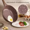 A frying pan with a fried egg inside is shown, with a close-up of the pan's surface and a plate of food in the foreground. Eggs and oil are visible in the background. Voir les images du produit