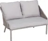 A studio shot of a two-seater outdoor sofa with light gray cushions and a woven rattan-like frame. Náhled obrázku produktu