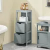 A gray wooden bathroom cabinet with two drawers and open shelves, placed in a bathroom next to a bathtub and a sink. Anteprima dell’immagine prodotto