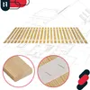 A collage showing a bed frame made of wooden slats, a close-up of the wood, and a close-up of the fabric strap holding the slats together, all overlaid on architectural blueprints. Voir les images du produit