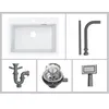 A collage of images showing a white kitchen sink and various plumbing accessories. Podgląd zdjęcia produktu