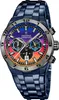 A close-up studio shot of a men's chronograph watch with a blue metal band and a multi-colored dial. Voir les images du produit
