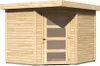 A wooden garden shed with a modern design and a door with translucent panels. Produktbild-Vorschau