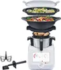 A disassembled kitchen appliance, likely a food processor or multi-cooker, shown with its various components stacked. The bottom unit is the main base with a touchscreen display. Above it are tiers of cooking bowls and accessories, including a steamer bask Náhled obrázku produktu