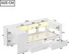 A 3D rendering of a white bed with integrated desk and shelving, showing dimensions. Voir les images du produit