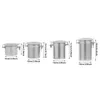 Four silver metal storage containers of varying sizes are displayed side-by-side against a white background, with measurement labels indicating their dimensions. Voir les images du produit