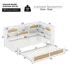 A diagram of a white sofa bed with dimensions and storage compartments, showing an extended trundle bed. Voir les images du produit
