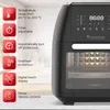 A product shot of a black air fryer with feature callouts on the left. Produktbild-Vorschau
