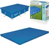 A collage of images showing a blue rectangular swimming pool cover, its packaging, and the cover laid out flat. Produktbild-Vorschau