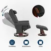 A dark gray recliner chair with a matching ottoman, shown with diagrams and text indicating features and usage. Produktbild-Vorschau