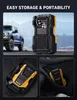 A collage of images showing a portable air compressor, its storage bag, and its placement in a car's interior. Podgląd zdjęcia produktu