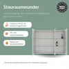 A marketing image showcasing a bathroom cabinet with features highlighted by text and icons. Produktbild-Vorschau