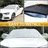 Collage showing a car with a windshield cover installed, a close-up of the cover being installed, and a view of the cover on the car's hood. Produktbild-Vorschau