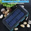 A solar power bank is shown on a wet black surface surrounded by stones and a green plant. Produktbild-Vorschau