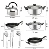 A collage of kitchenware items with dimensions indicated. Voir les images du produit