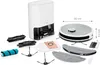 A collection of robot vacuum cleaner accessories and the docking station are laid out on a white background. Produktbild-Vorschau