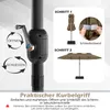 Close-up of an umbrella pole with instructions on how to open and close it, and diagrams showing the steps to set up the umbrella. Podgląd zdjęcia produktu