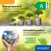 The image is split into two sections. The top section shows a progression of trees growing out of stacks of coins, symbolizing growth and savings, with an energy efficiency label in the top right corner. The bottom section features hands holding the Earth, Produktbild-Vorschau