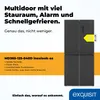 A black Exquisit Multidoor refrigerator with an energy efficiency label and marketing text. Produktbild-Vorschau
