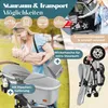 A woman holding a baby next to a stroller, with various icons and text highlighting storage and transport options. Produktbild-Vorschau