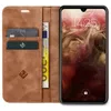 A brown leather flip case for a smartphone, open to reveal card slots and a phone screen displaying the time and date. Produktbild-Vorschau