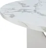 Close-up of a round marble-patterned tabletop with a metal pedestal base. Voir les images du produit