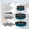 A collection of pots and pans with accessories, along with a list of their contents and sizes. Produktbild-Vorschau
