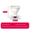 A white smart light bulb with dimensions and features listed. Produktbild-Vorschau