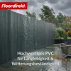 A fence made of PVC slats is shown in a stormy environment with rain and wind. A promotional text overlay is present. Produktbild-Vorschau