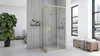 A modern bathroom with a gold-framed shower enclosure, a large plant, and wooden benches. Produktbild-Vorschau
