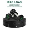 Two dumbbells are displayed on a black rotating stand, with promotional text above. Náhled obrázku produktu