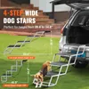 A dog is using a set of wide, 4-step dog stairs to get into the back of a car. The stairs are shown in two configurations, one at a lower angle and one at a steeper angle, with dimensions indicated. Produktbild-Vorschau