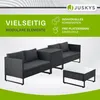 A modular polyrattan lounge set with a coffee table and cushions, presented with marketing text and icons. Produktbild-Vorschau