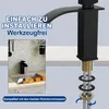 A close-up of a black faucet with text overlays highlighting installation features and compatibility, and a smaller inset image showing the faucet in use in a kitchen sink. Produktbild-Vorschau