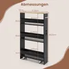 A diagram showing the dimensions of a narrow, multi-shelf storage cart with wheels and a charging station. Produktbild-Vorschau