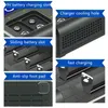 A collage of close-up images showing different features of a battery charger. Produktbild-Vorschau