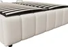A close-up view of a bed frame with a slatted base, upholstered in a textured beige fabric. Produktbild-Vorschau